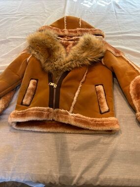 Jordan Craig  Moto Kid-Shearling Hooded Coat - Cognac Unisex size 8